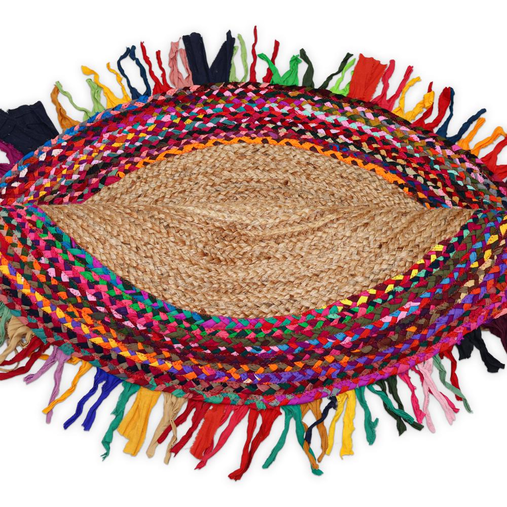 Handcrafted Round Jute & Chindi Cotton Rag Rug with Multicolored Fringe Border