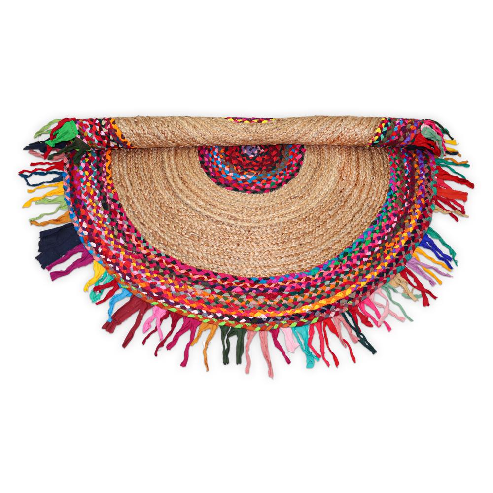Handcrafted Round Jute & Chindi Cotton Rag Rug with Multicolored Fringe Border