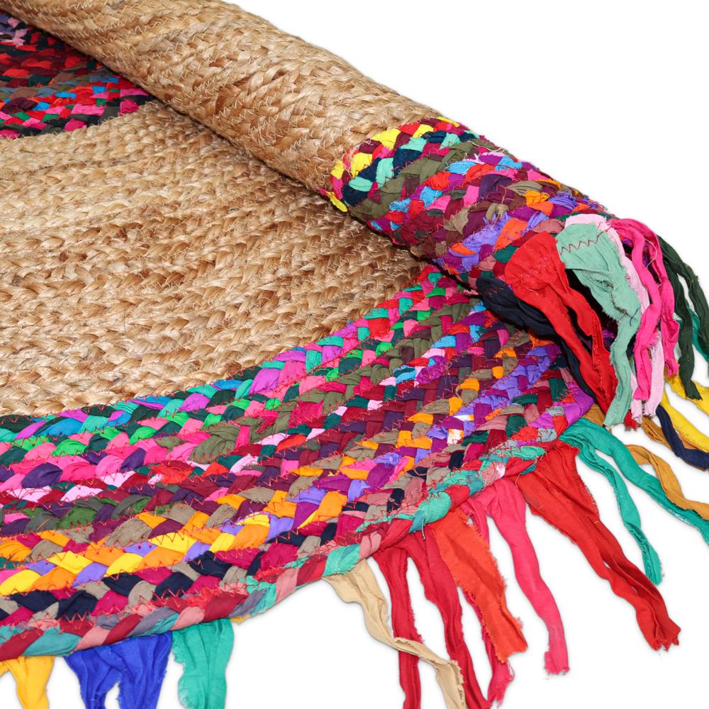 Handcrafted Round Jute & Chindi Cotton Rag Rug with Multicolored Fringe Border