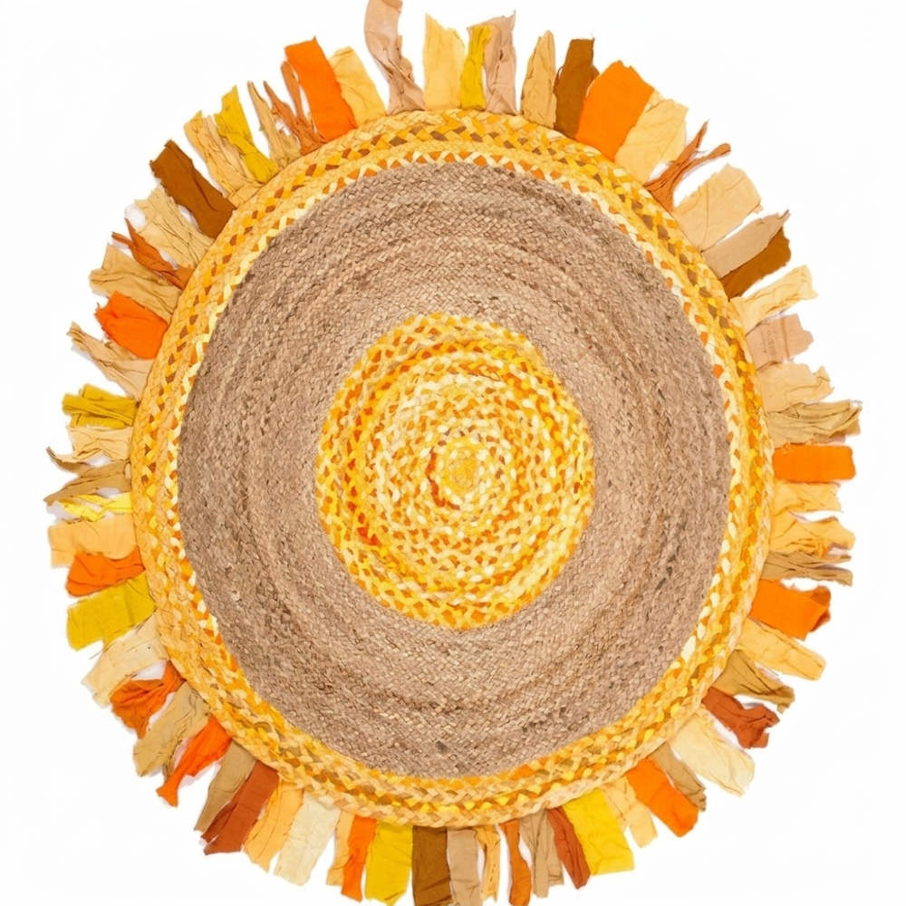 Handcrafted Round Jute Rug with Sunburst Yellow & Orange Chindi Fringe Border