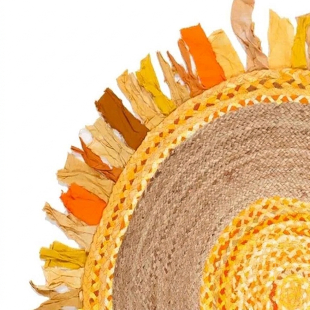 Handcrafted Round Jute Rug with Sunburst Yellow & Orange Chindi Fringe Border