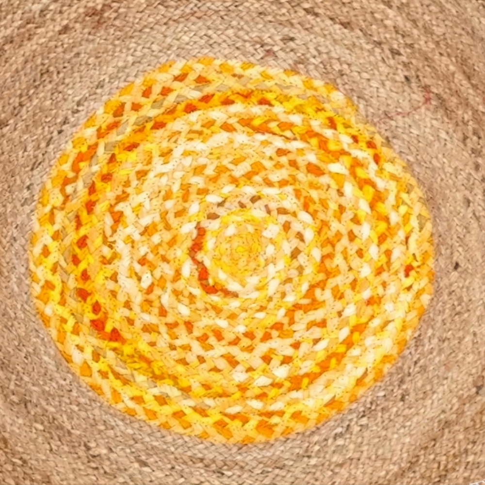 Handcrafted Round Jute Rug with Sunburst Yellow & Orange Chindi Fringe Border