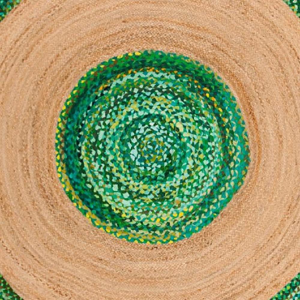 Handcrafted Round Jute Rug with Emerald Green Chindi Cotton Fringe Border