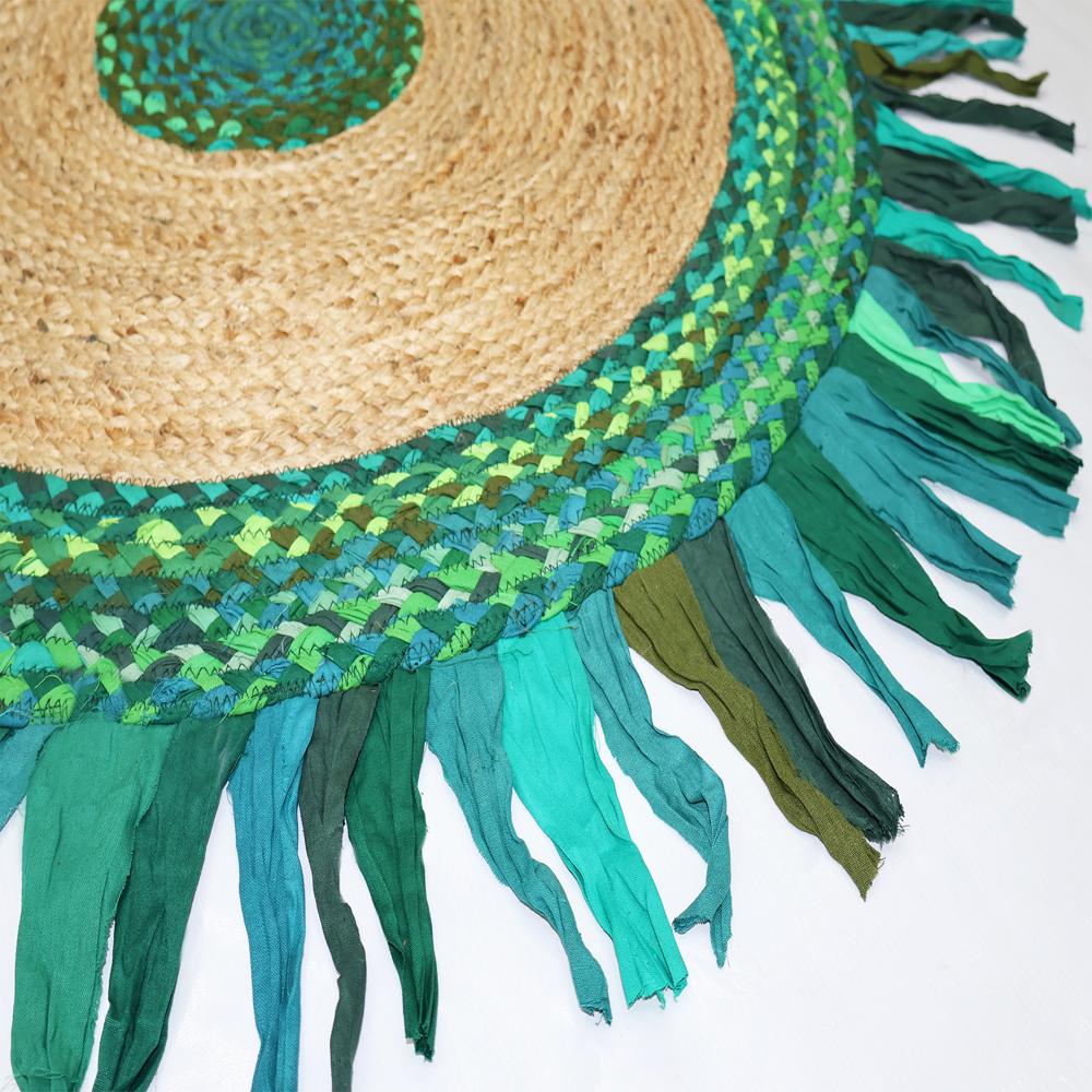Handcrafted Round Jute Rug with Emerald Green Chindi Cotton Fringe Border
