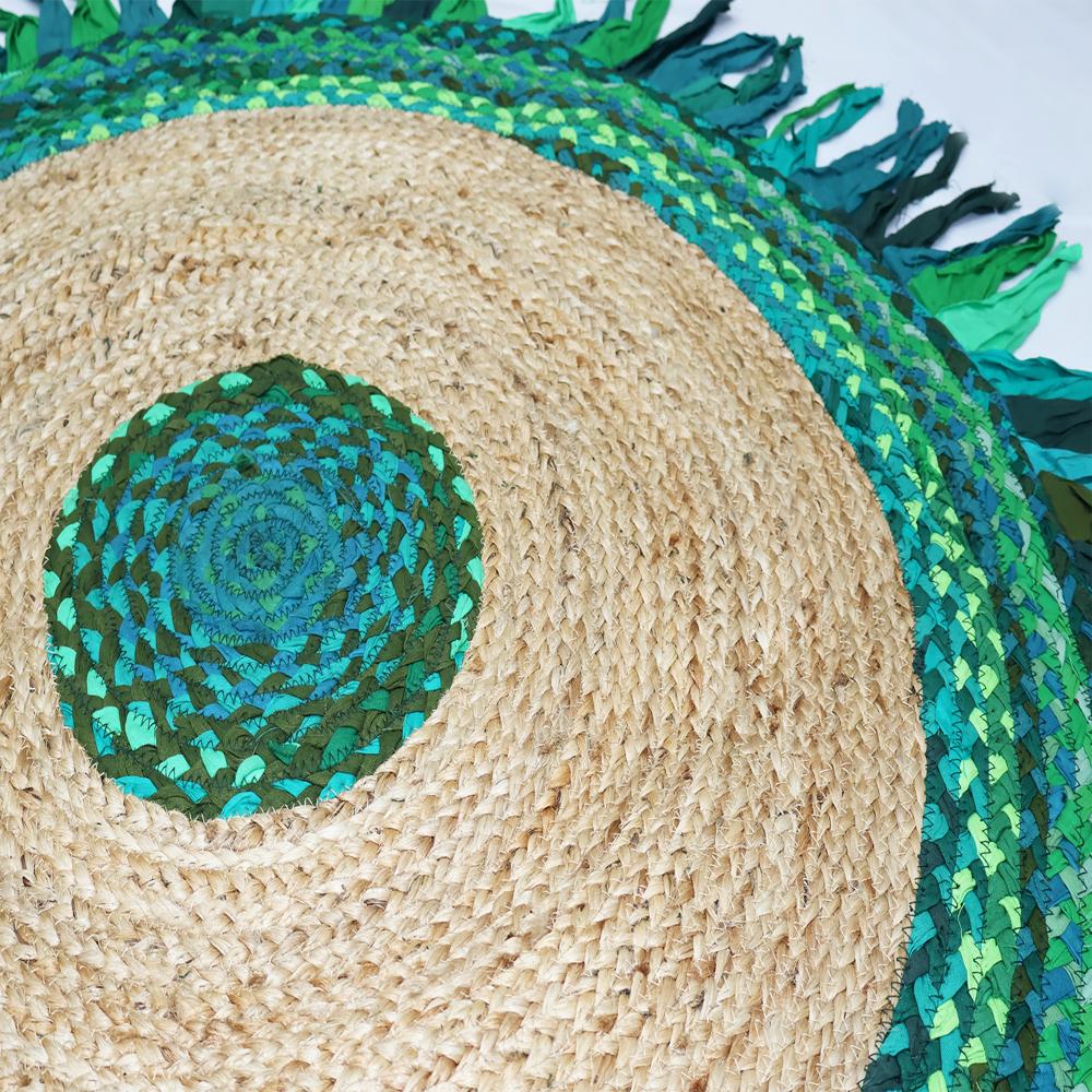 Handcrafted Round Jute Rug with Emerald Green Chindi Cotton Fringe Border