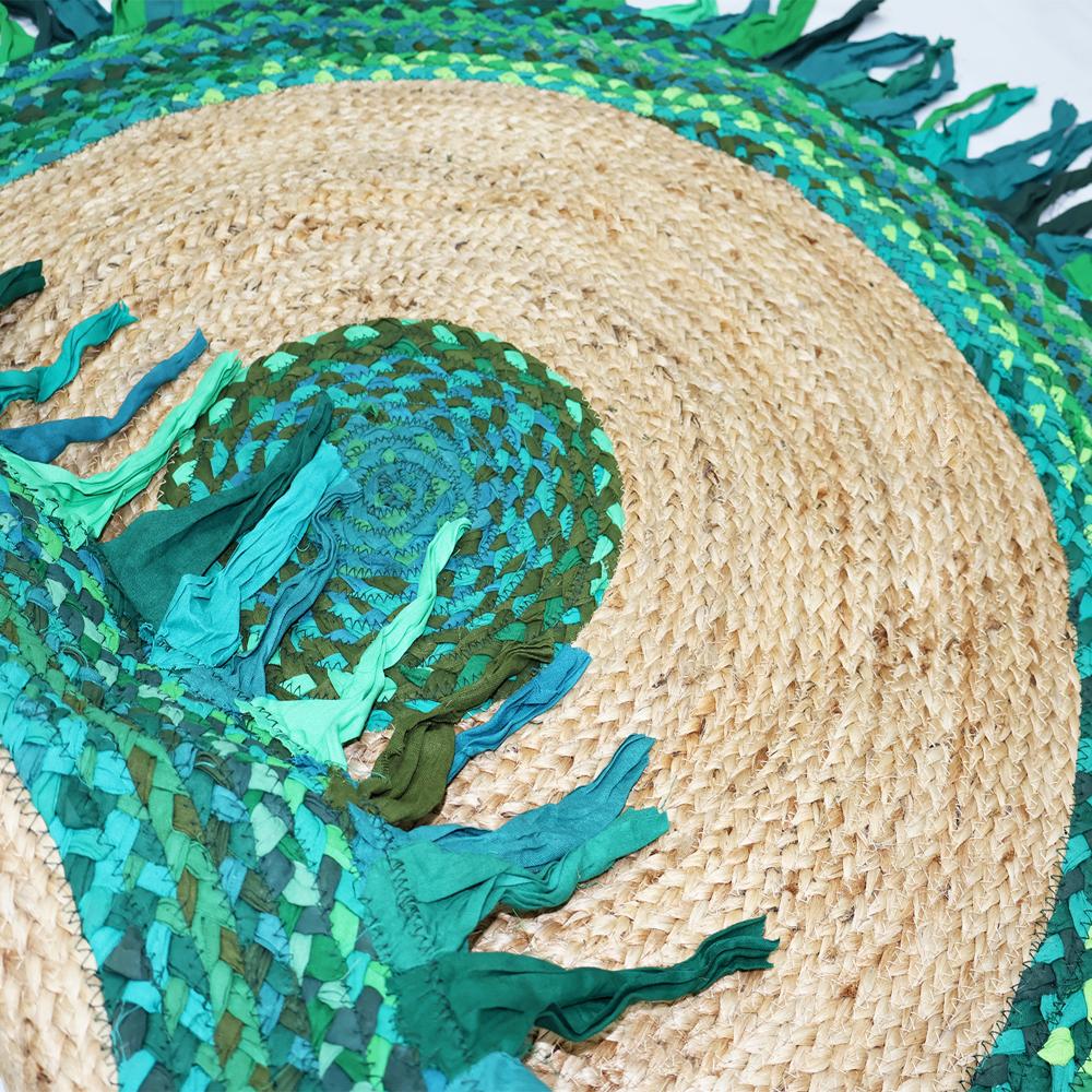 Handcrafted Round Jute Rug with Emerald Green Chindi Cotton Fringe Border