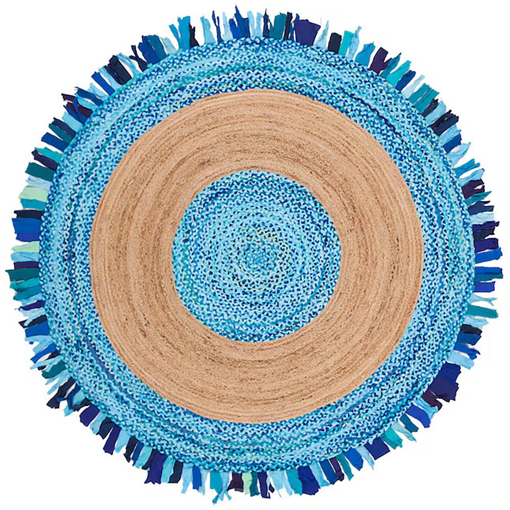 Handcrafted Round Jute Rug with Ocean Blue Chindi Cotton Fringe Border