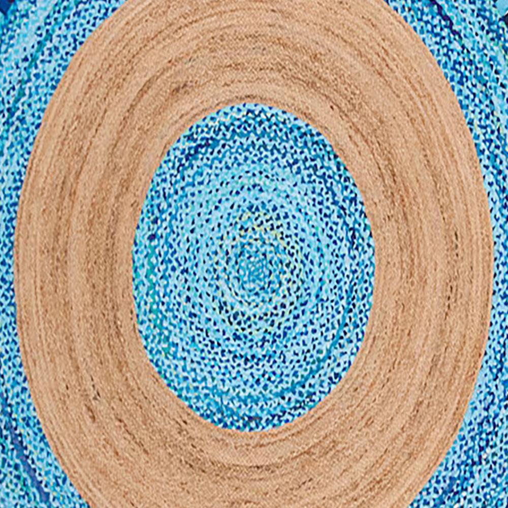 Handcrafted Round Jute Rug with Ocean Blue Chindi Cotton Fringe Border