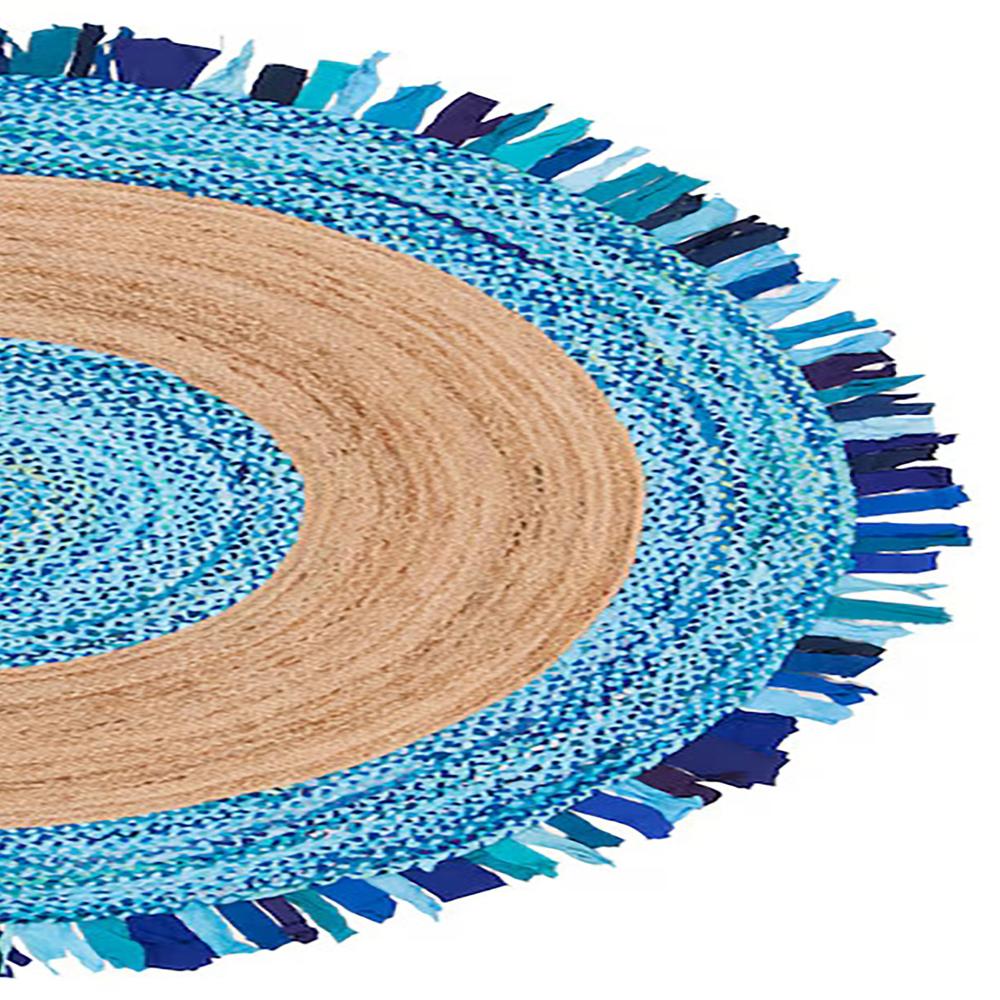 Handcrafted Round Jute Rug with Ocean Blue Chindi Cotton Fringe Border