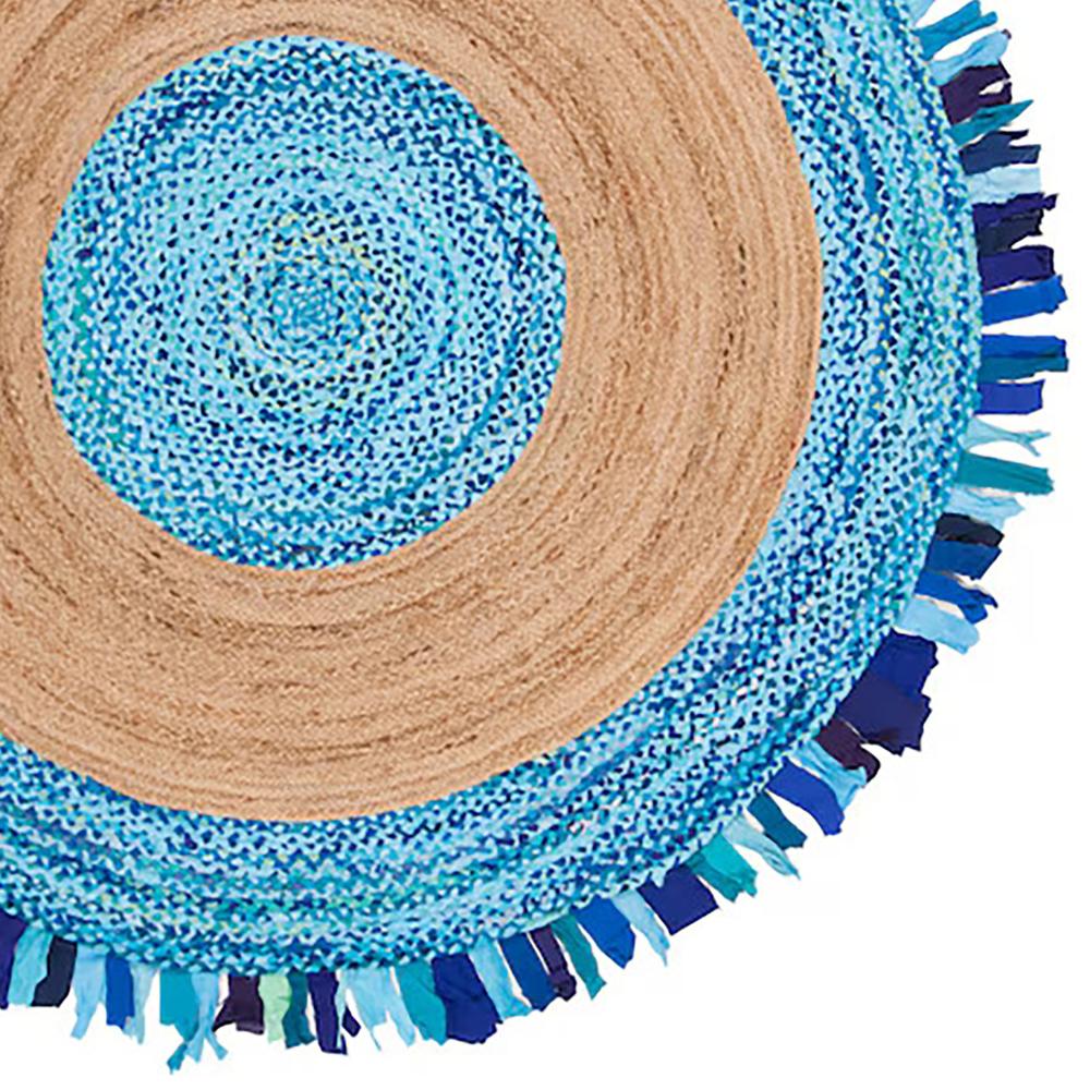 Handcrafted Round Jute Rug with Ocean Blue Chindi Cotton Fringe Border