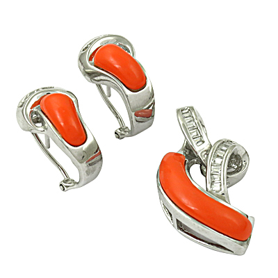 फास्टिवल क्यूबिक जिरकोनिया और सिंथेटिक कोरल सिल्वर जेमस्टोन ईयरिंग और पेंडेंट