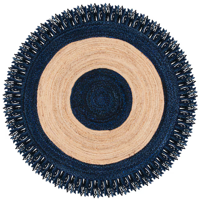 andcrafted Round Jute Rug with Dark Navy Blue Fringe Border
