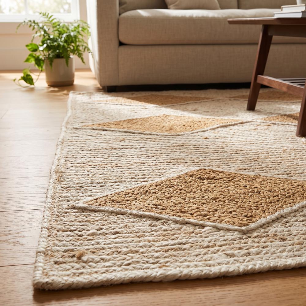 Hand-Woven Rectangular Jute Rug with Ivory Base
