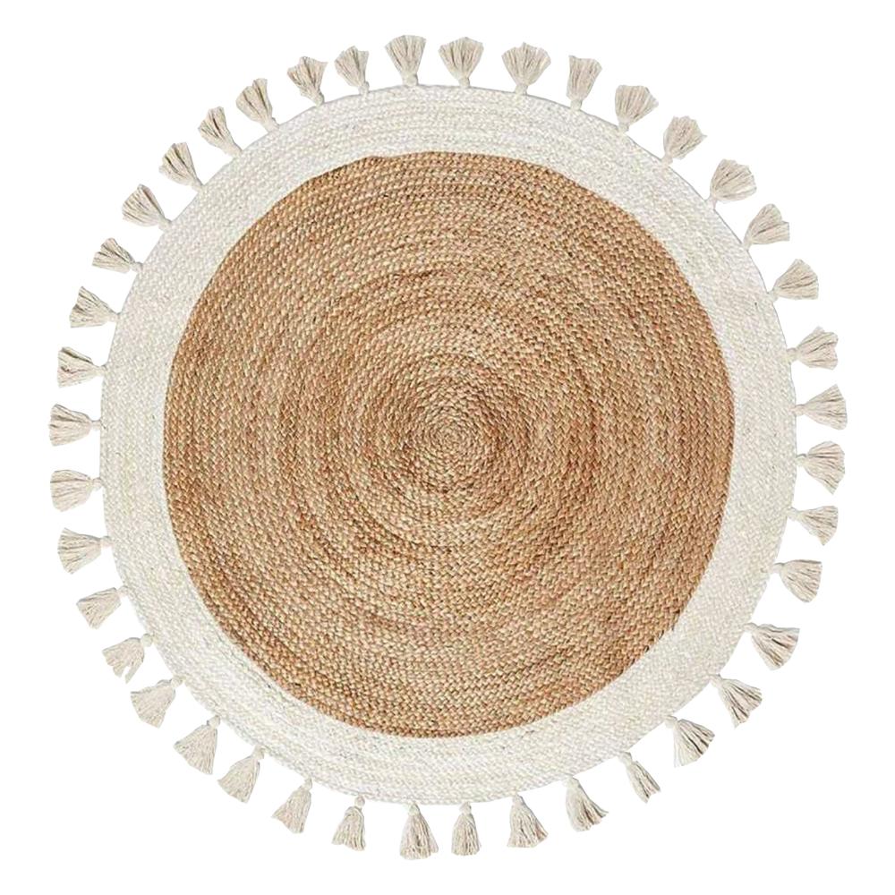 Handcrafted Round Jute Rug with Ivory White Border