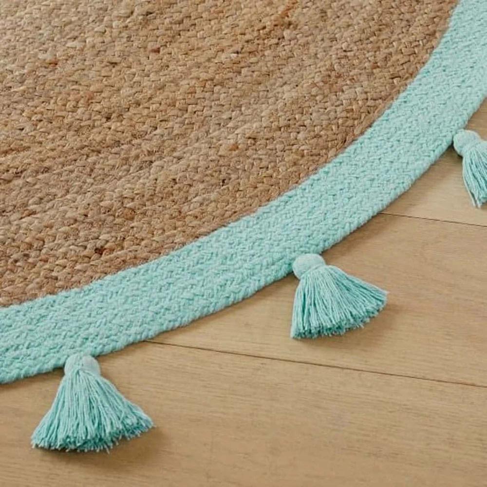 Handcrafted Round Jute Rug with Sky Blue Border & Matching