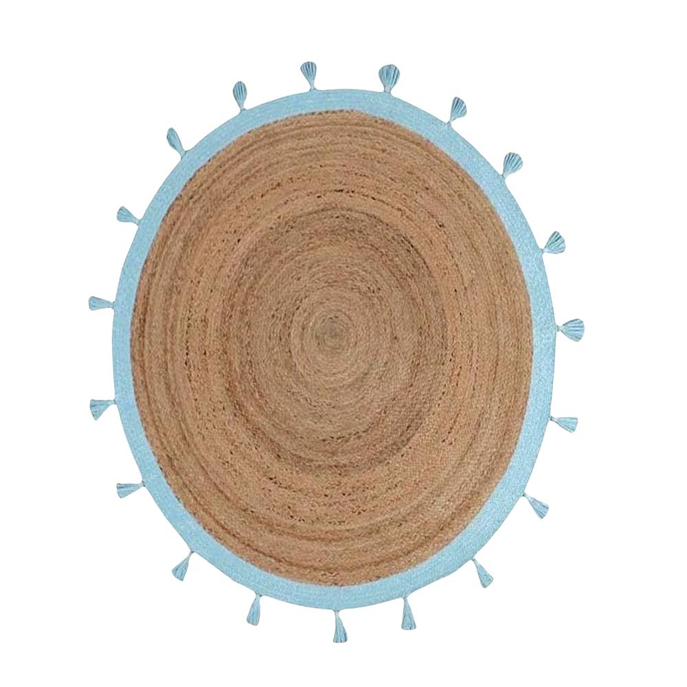 Handcrafted Round Jute Rug with Sky Blue Border & Matching