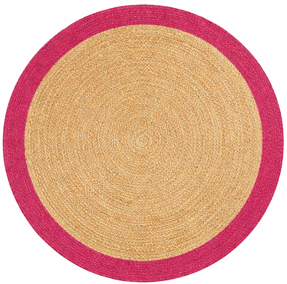 Handcrafted Round Jute Rug with Hot Pink Border Accent