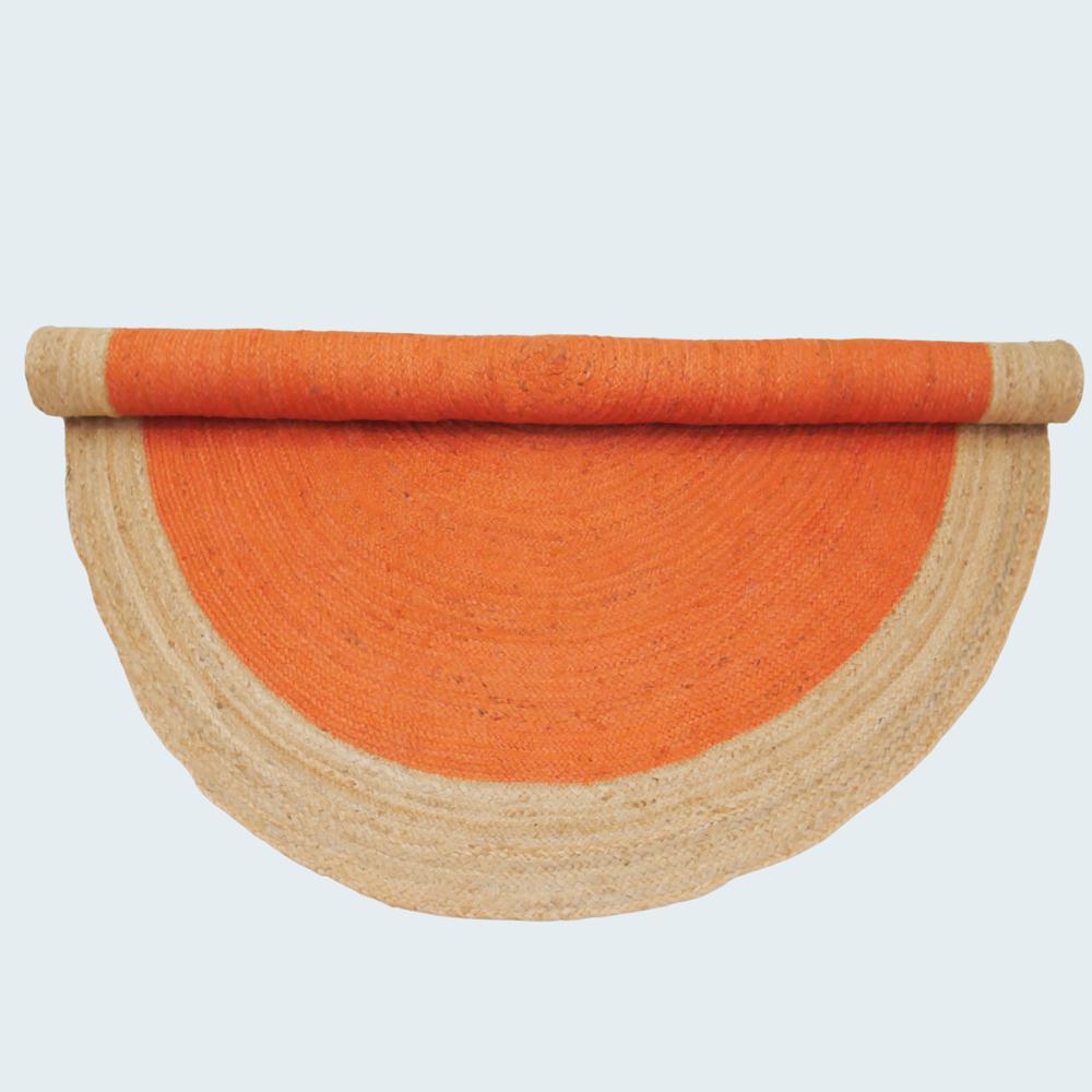 Handcrafted Round Braided Jute Rug with Vibrant Orange Center