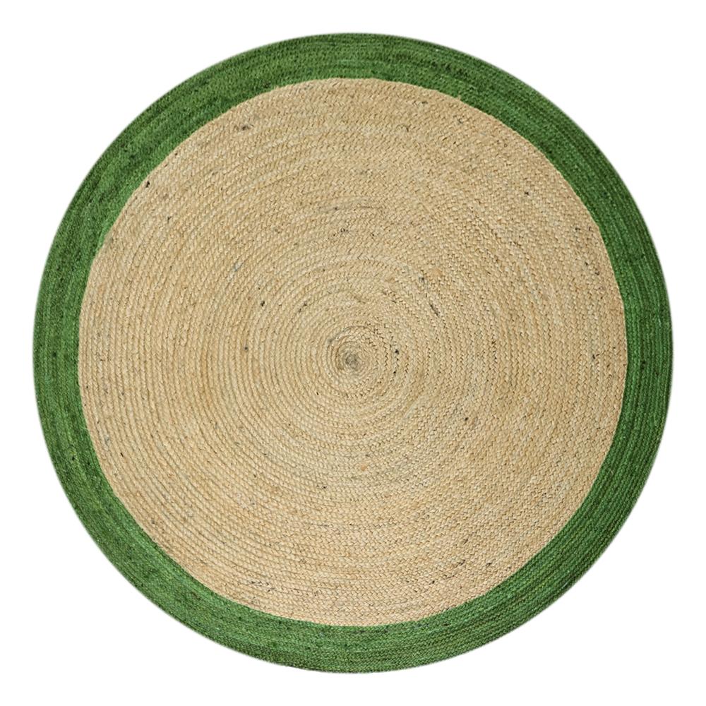 Handcrafted Round Braided Natural Jute Rug with Green Border