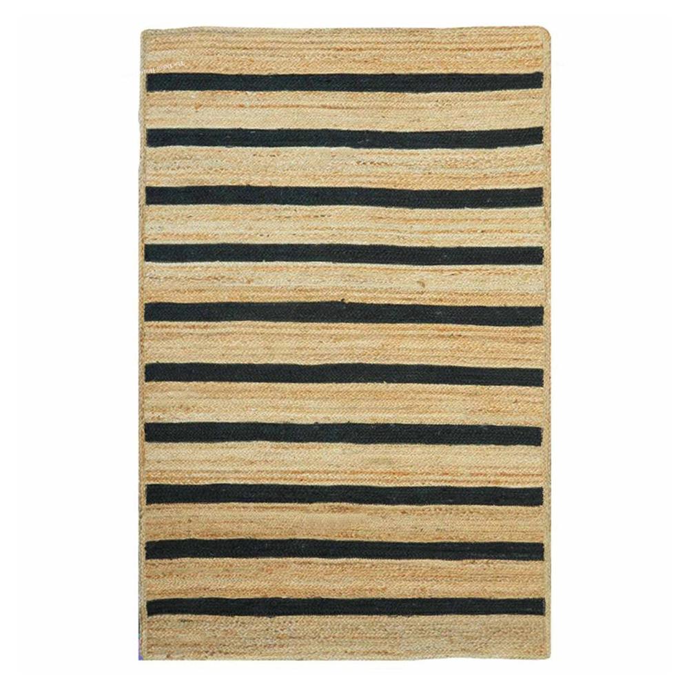 Handcrafted Rectangular Braided Jute Rug with Black Stripes