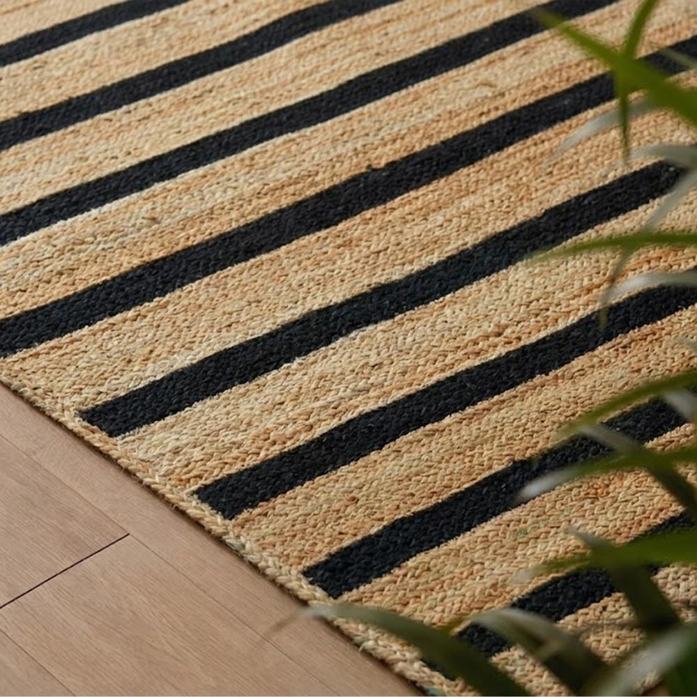 Handcrafted Rectangular Braided Jute Rug with Black Stripes