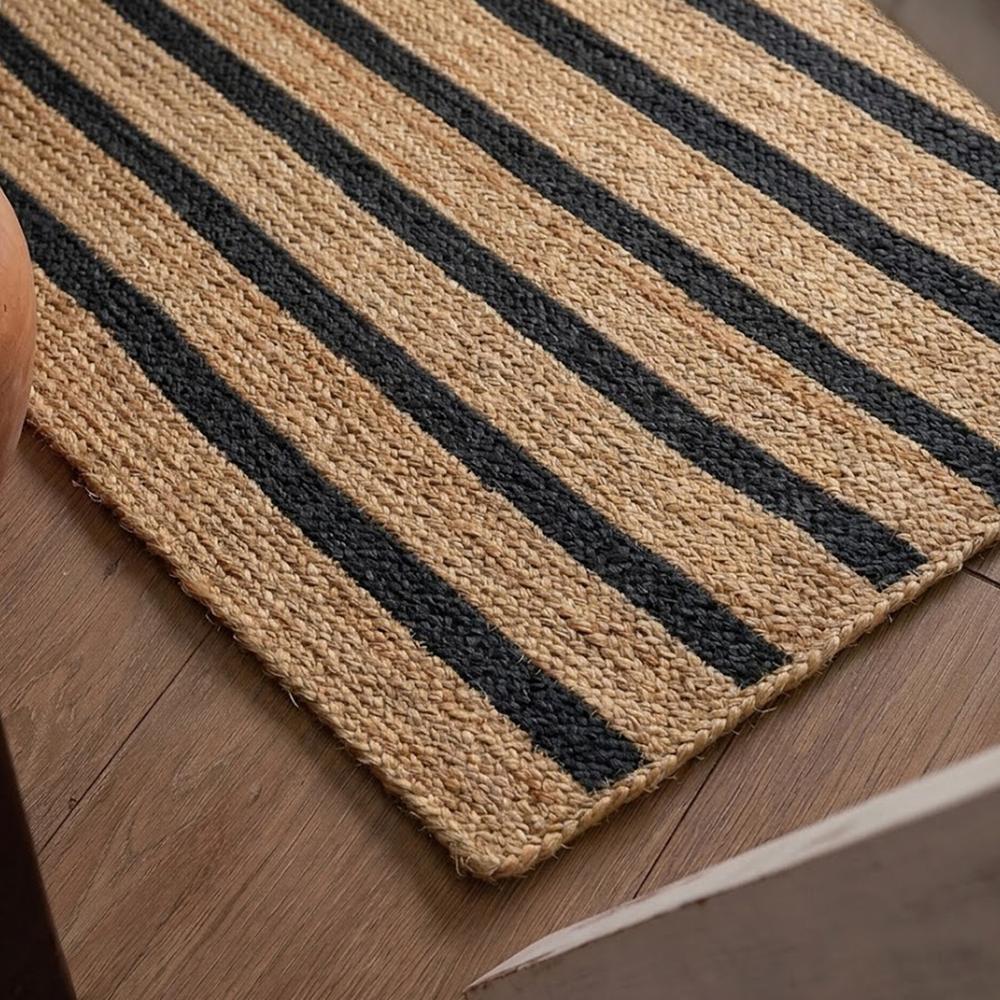 Handcrafted Rectangular Braided Jute Rug with Black Stripes