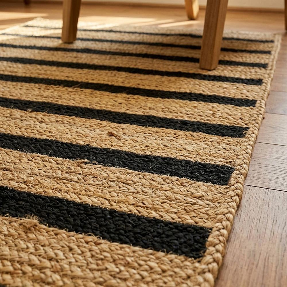 Handcrafted Rectangular Braided Jute Rug with Black Stripes