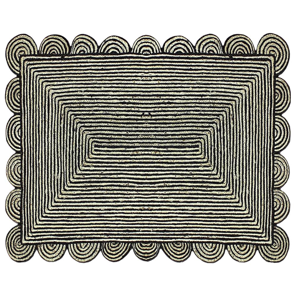 Handcrafted Rectangular Scalloped Jute Rug in Black and Natural