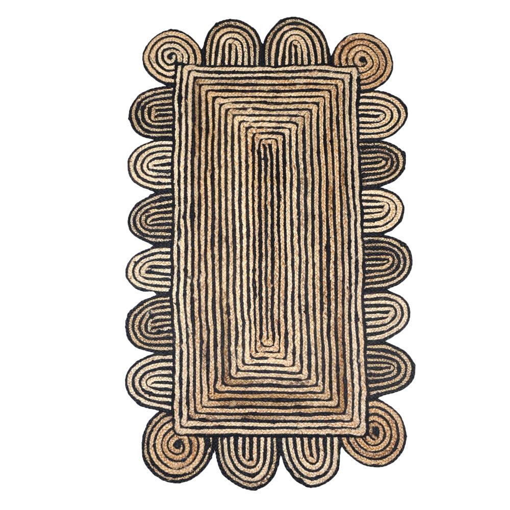Handcrafted Rectangular Scalloped Jute Rug in Black and Natural