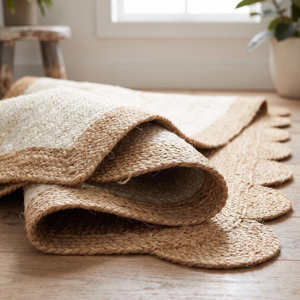 Handcrafted Half-Scalloped Natural and Ivory Jute Runner Rug