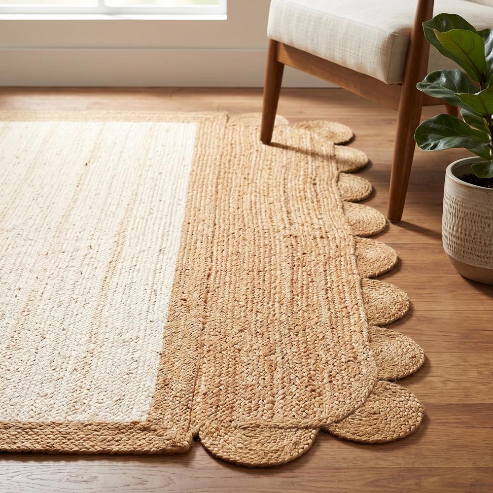 Handcrafted Half-Scalloped Natural and Ivory Jute Runner Rug