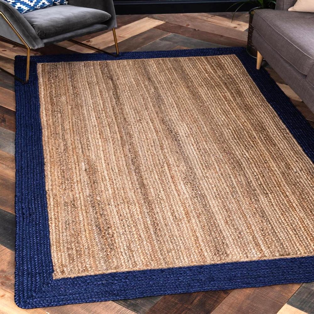 Handmade Natural Jute Area Rug with Blue Border