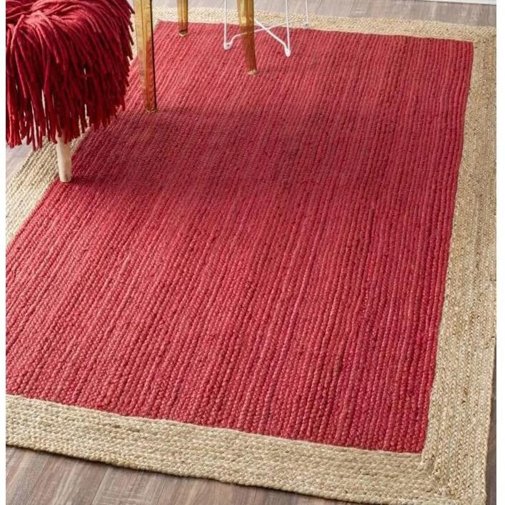 Handmade Red Jute Area Rug with Natural Border