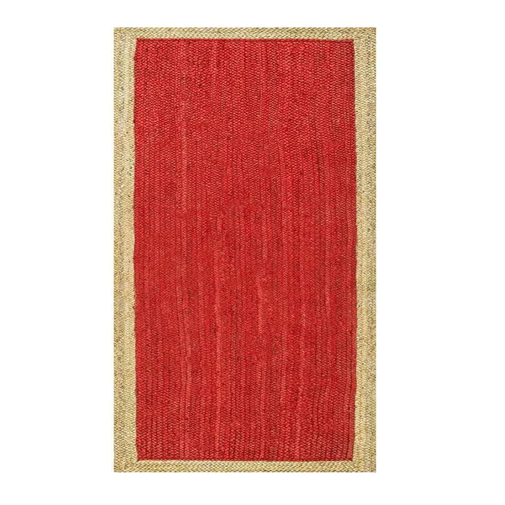 Handmade Red Jute Area Rug with Natural Border