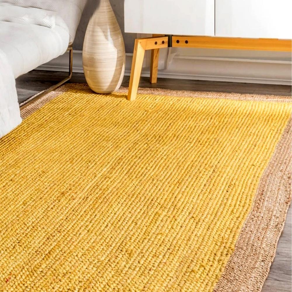 Handmade Yellow Jute Area Rug with Natural Border
