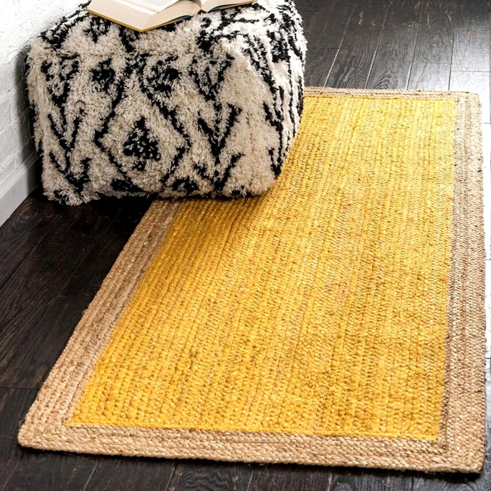 Handmade Yellow Jute Area Rug with Natural Border