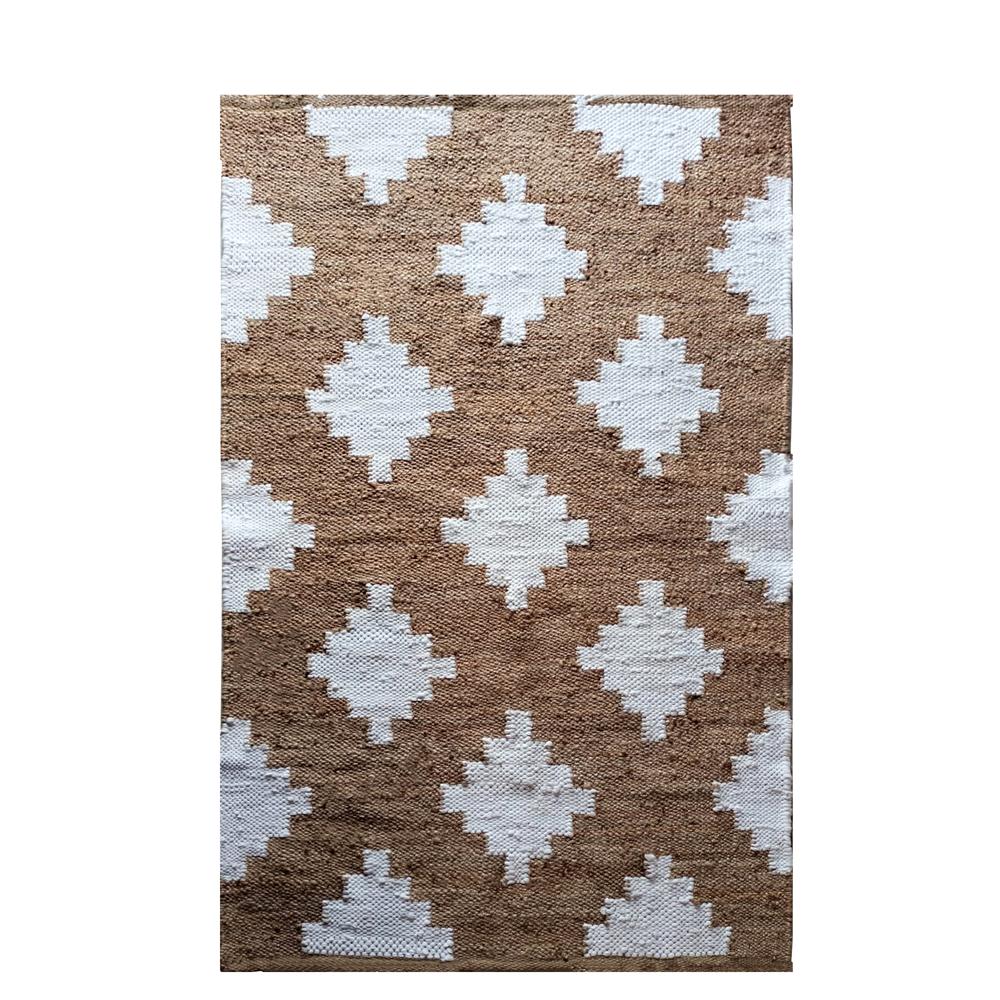Handmade Geometric Diamond Jute Rug with White Motif Accent