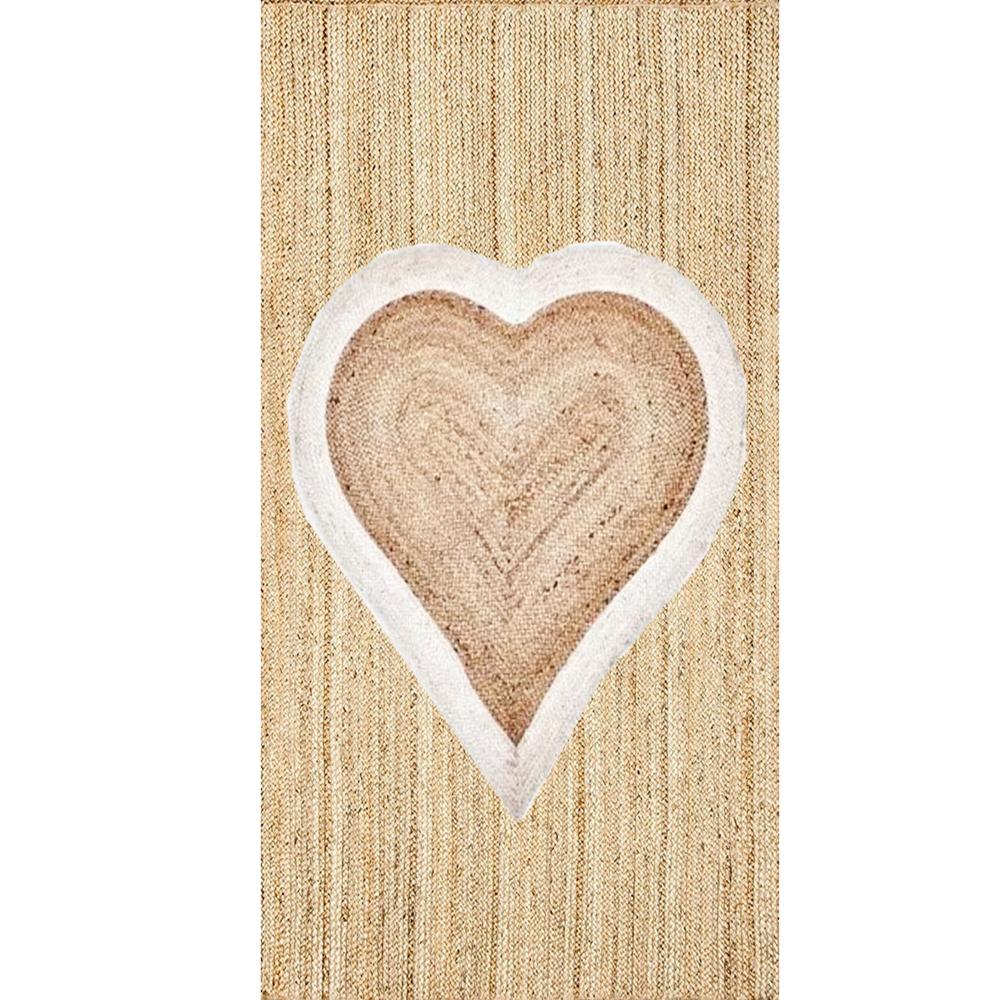 Handmade Natural Jute Area Rug with Heart Motif Accent