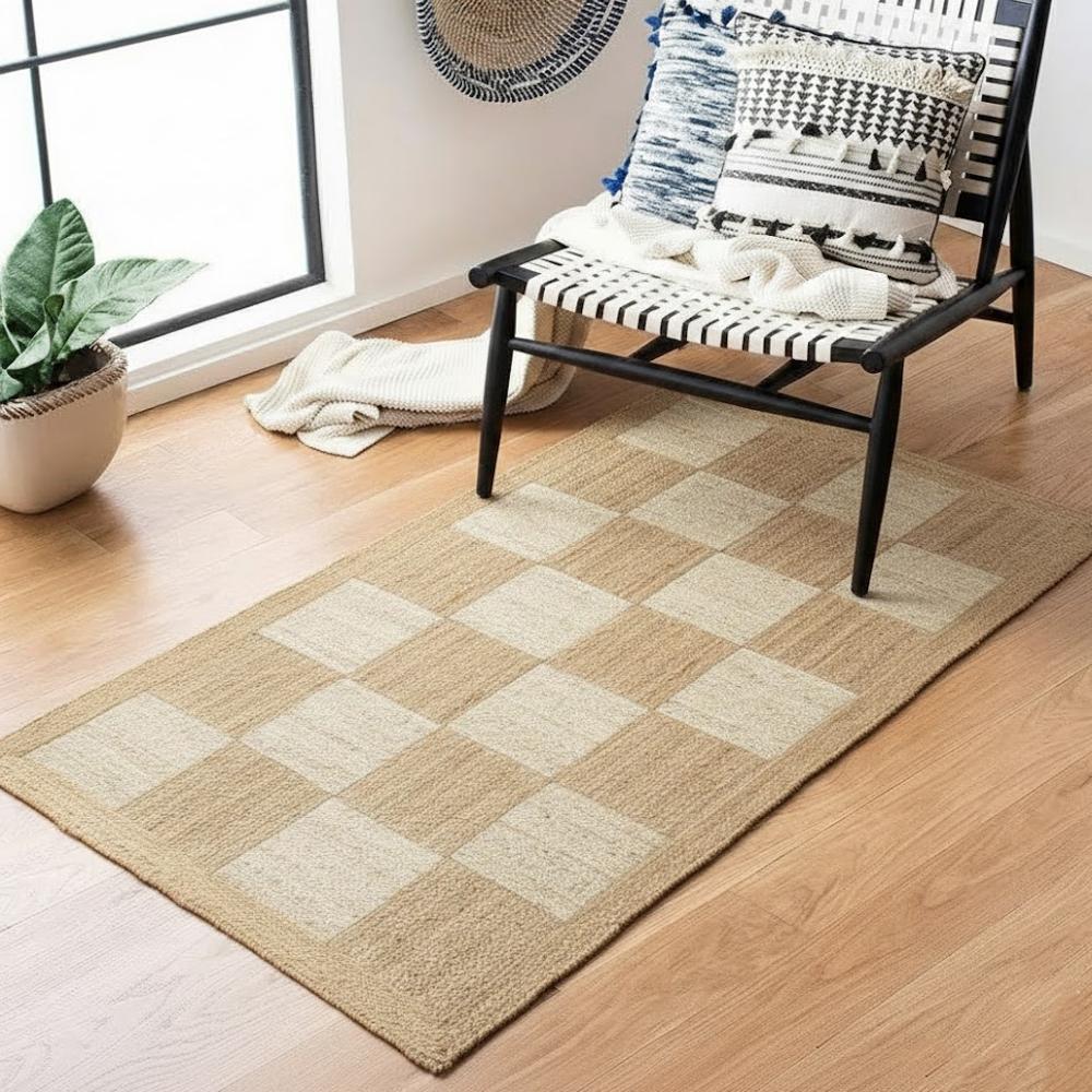 Handmade Checkerboard Jute Area Rug with Natural Tone-on-Tone Pattern 