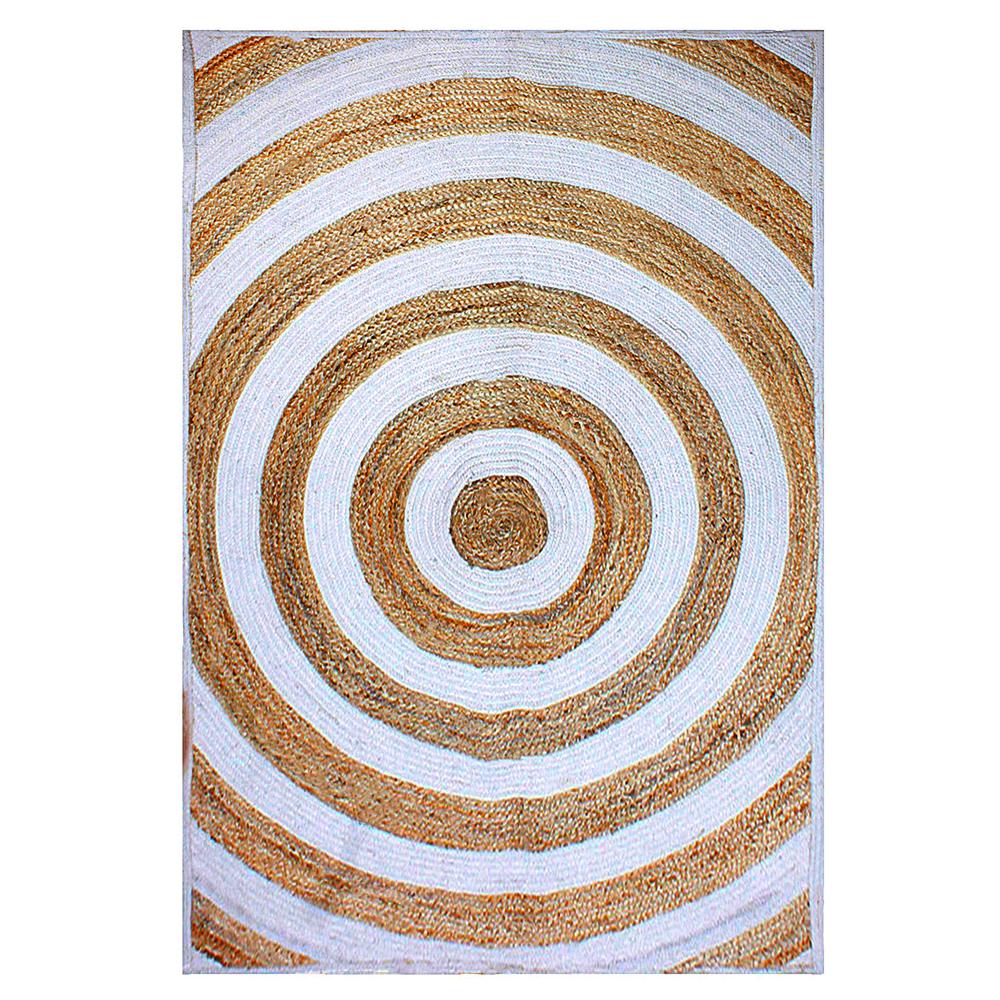 Handmade Concentric Circle Jute Area Rug with White Stripes