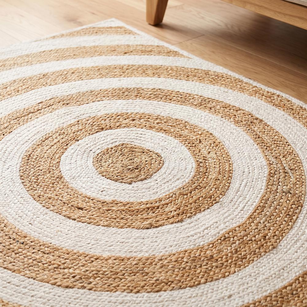 Handmade Concentric Circle Jute Area Rug with White Stripes