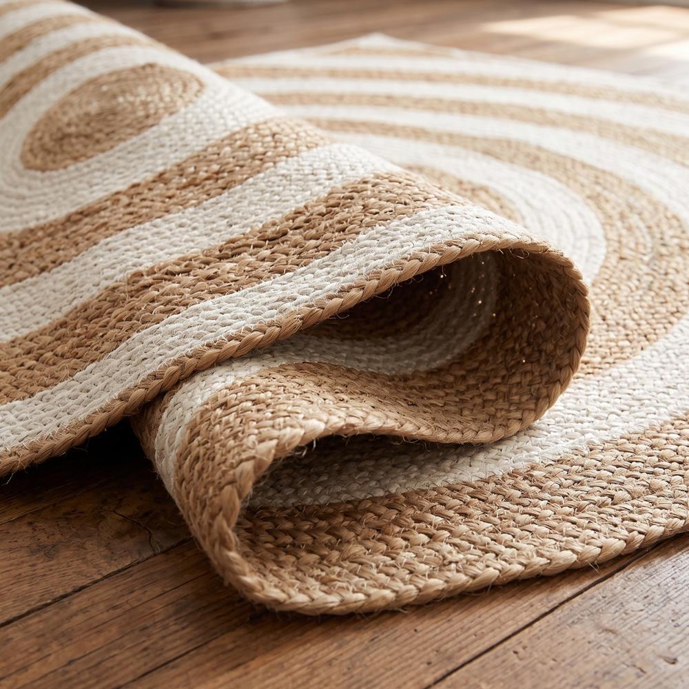Handmade Concentric Circle Jute Area Rug with White Stripes