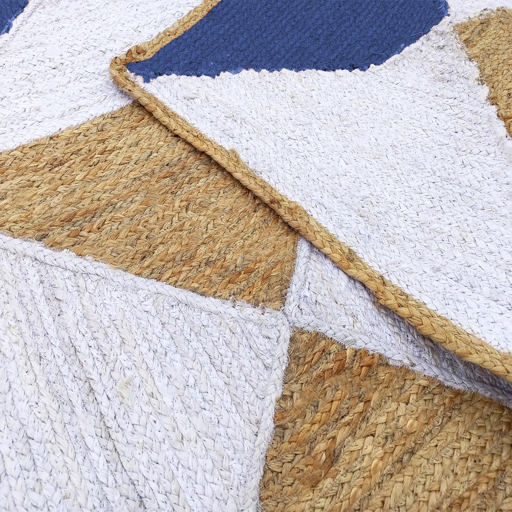 Handmade Geometric Jute Area Rug in Royal Blue, White, and Natural Tan