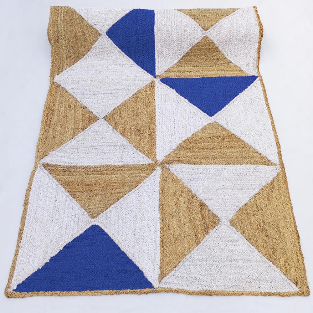 Handmade Geometric Jute Area Rug in Royal Blue, White, and Natural Tan