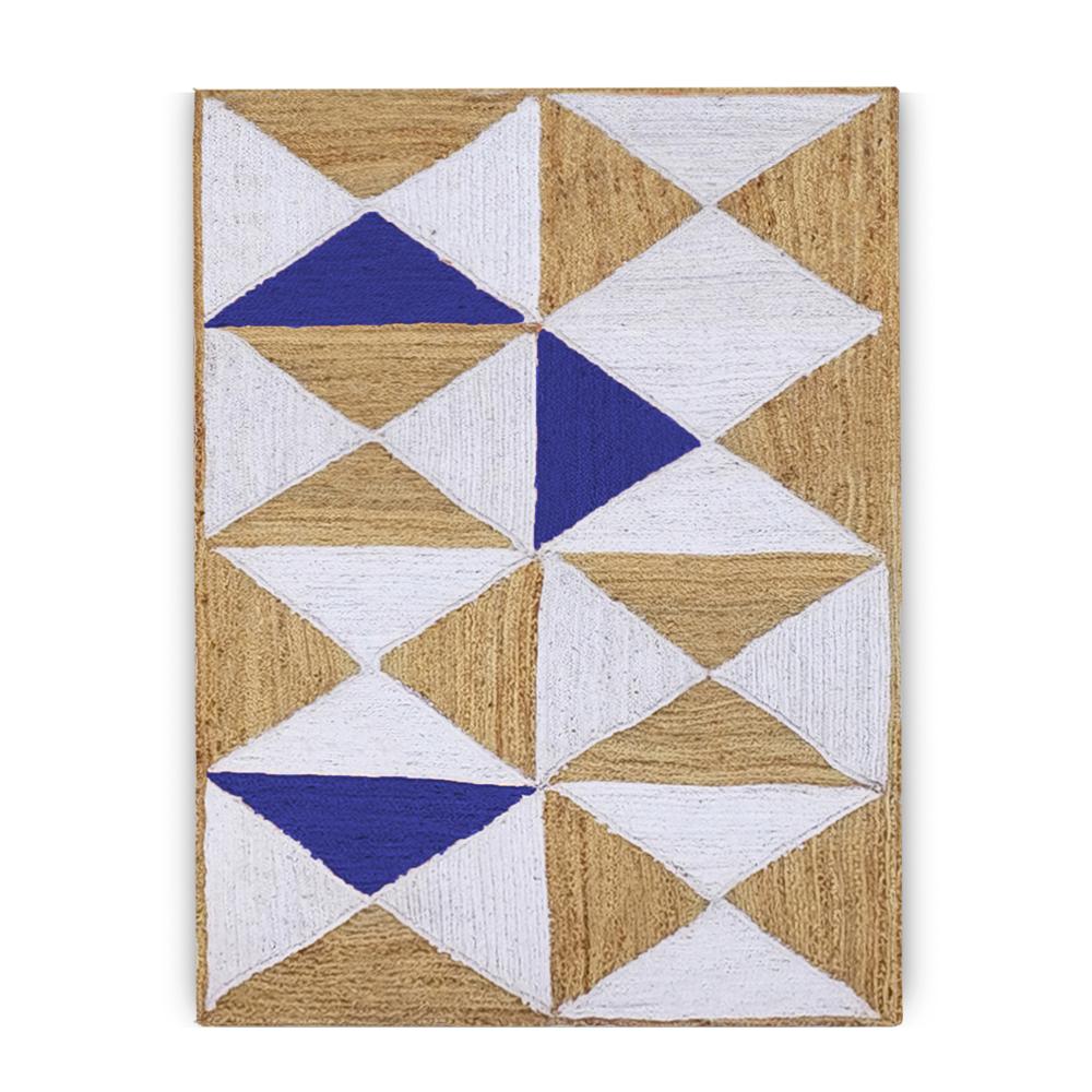 Handmade Geometric Jute Area Rug in Royal Blue, White, and Natural Tan