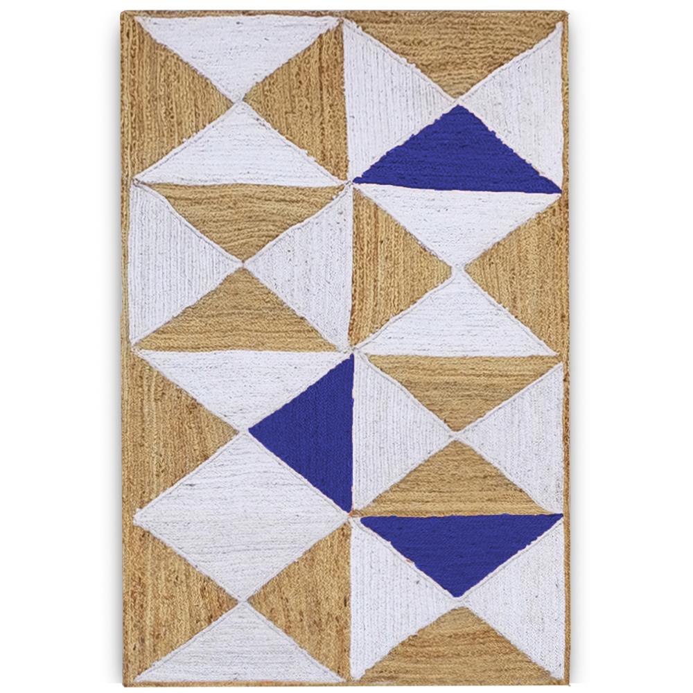 Handmade Geometric Jute Area Rug in Royal Blue, White, and Natural Tan