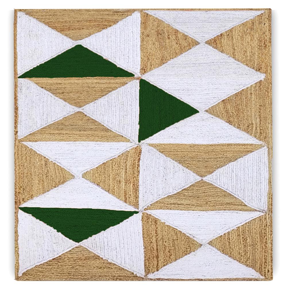 Handmade Geometric Jute Area Rug in Emerald Green, White, and Natural Tan