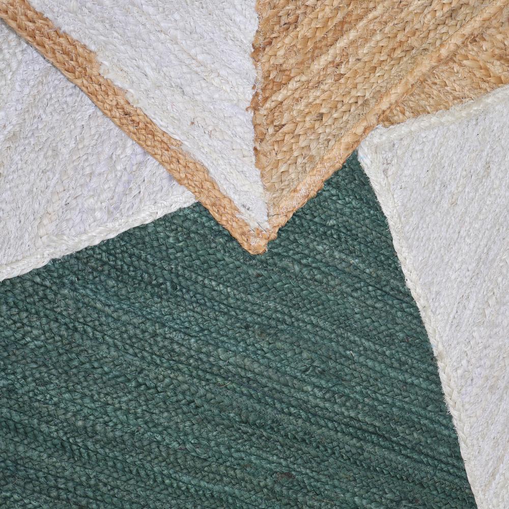 Handmade Geometric Jute Area Rug in Emerald Green, White, and Natural Tan