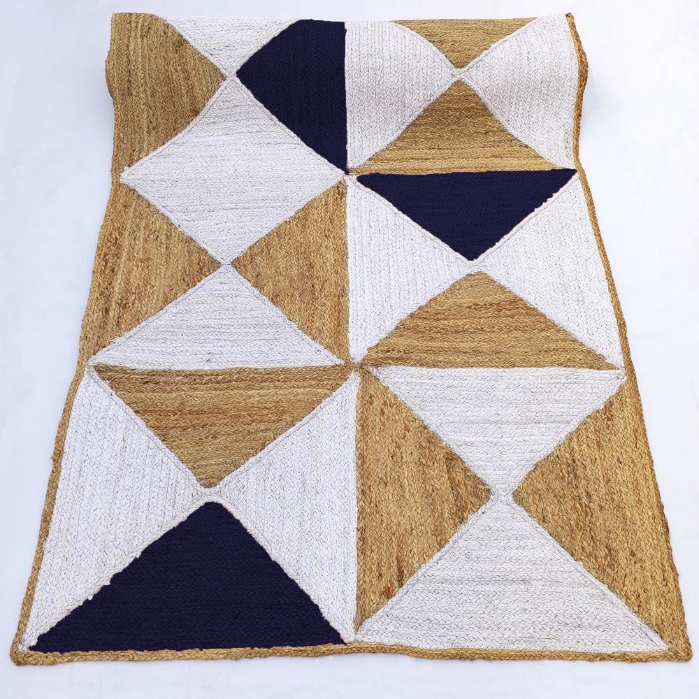 Handmade Geometric Jute Area Rug in Navy Blue, White, and Natural Tan