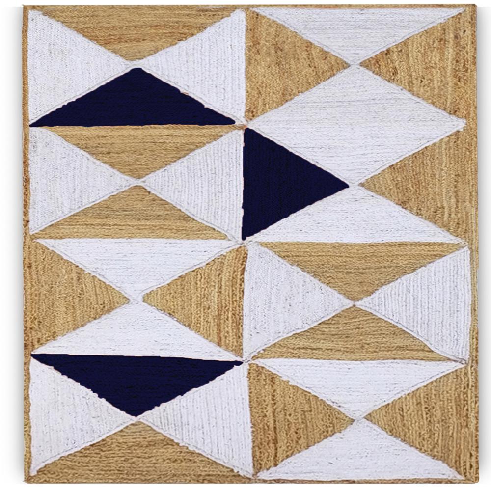 Handmade Geometric Jute Area Rug in Navy Blue, White, and Natural Tan